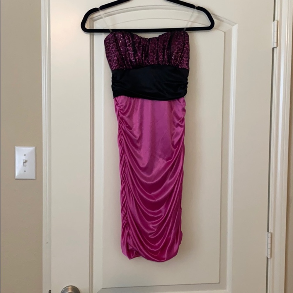 Pink and black strapless dress